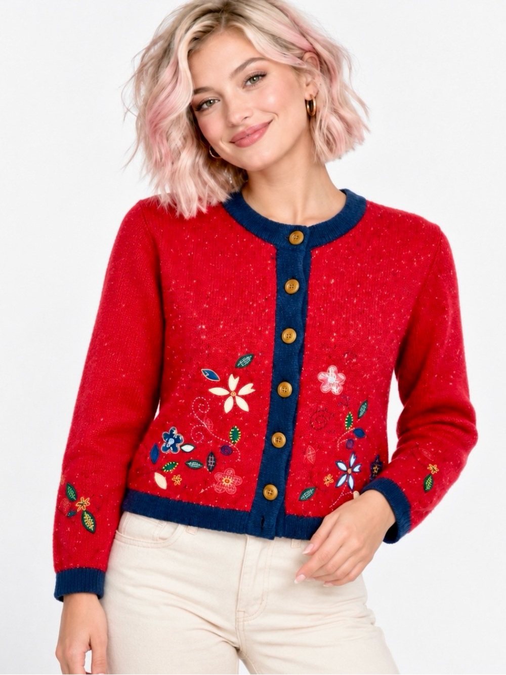 Vintage Koret City Blues Red Multicolor Fleck Floral Embroidered Cardigan Small